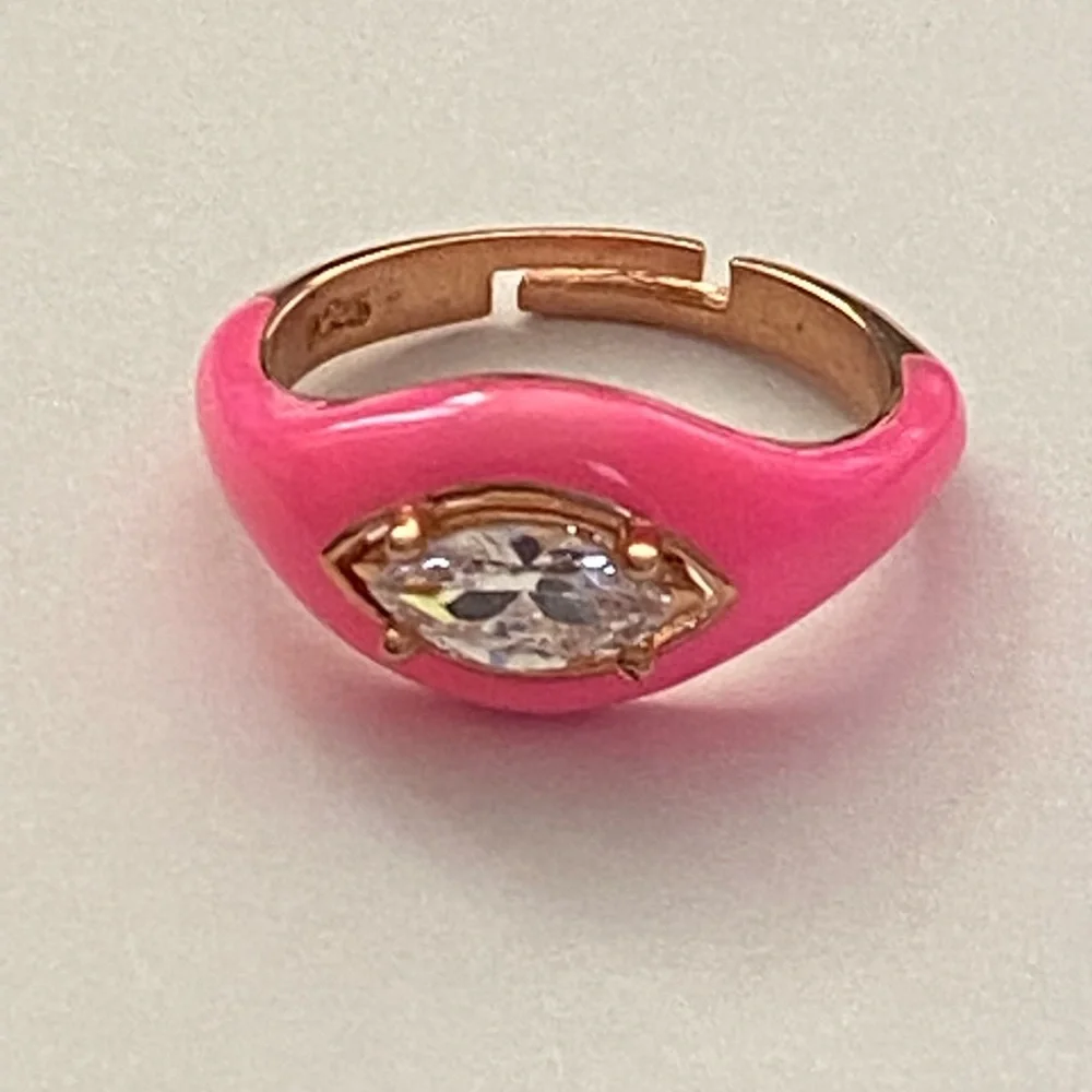 925 Silver ring pink enamel oval cz eye